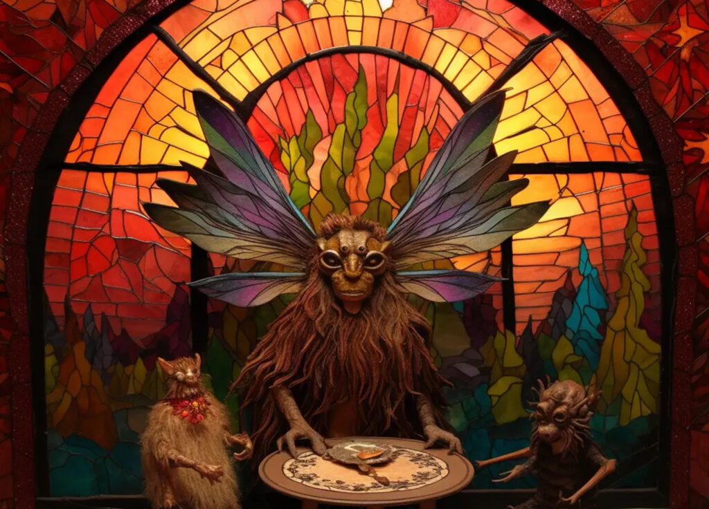 A fantastical creature with large, colorful wings and a mask-like face sits at a table with two smaller animal-like figures—a scene worthy of an animation degree—set against a vibrant stained glass backdrop in warm red, orange, and yellow tones.