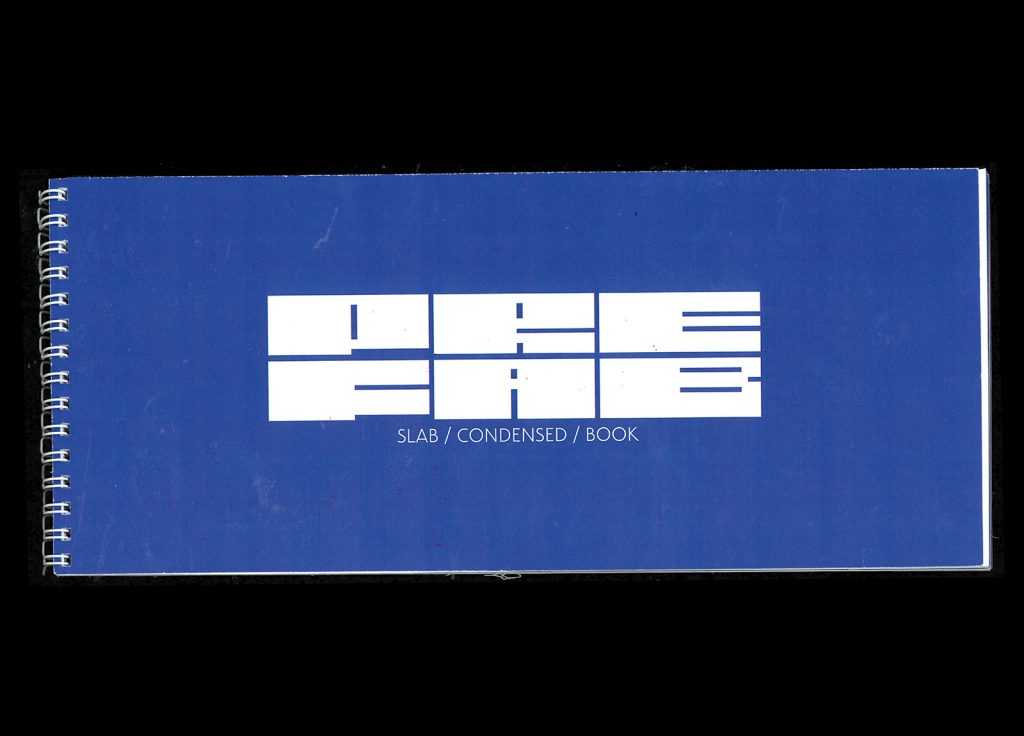 A spiral-bound book with a blue cover, crafted for a Design for Publishing degree project. The cover showcases bold, white text in a geometric font that reads "SLAB / CONDENSED / BOOK.