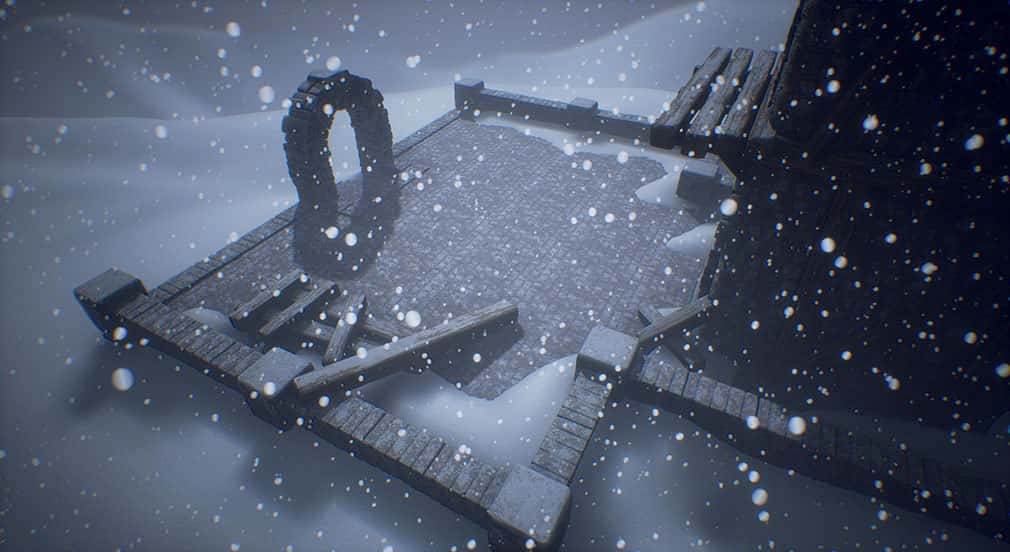 A digital environment with snowdrifts building up around a battlement