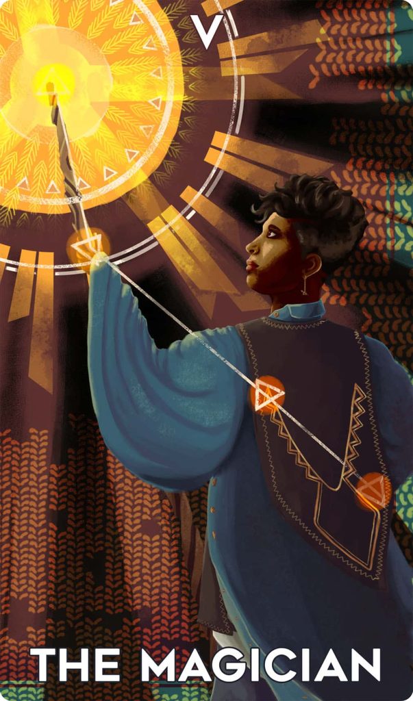 animated scene of someone holding a wand up to a sun-like light source