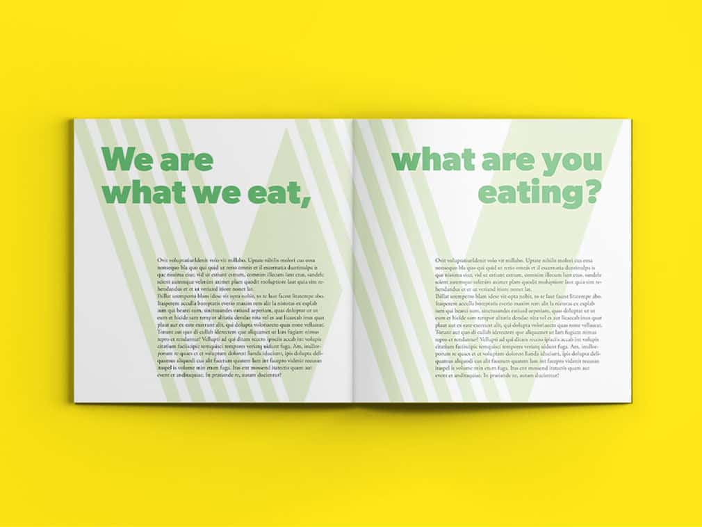 A double page spread in a book with large green type above, and blocks of small print text below