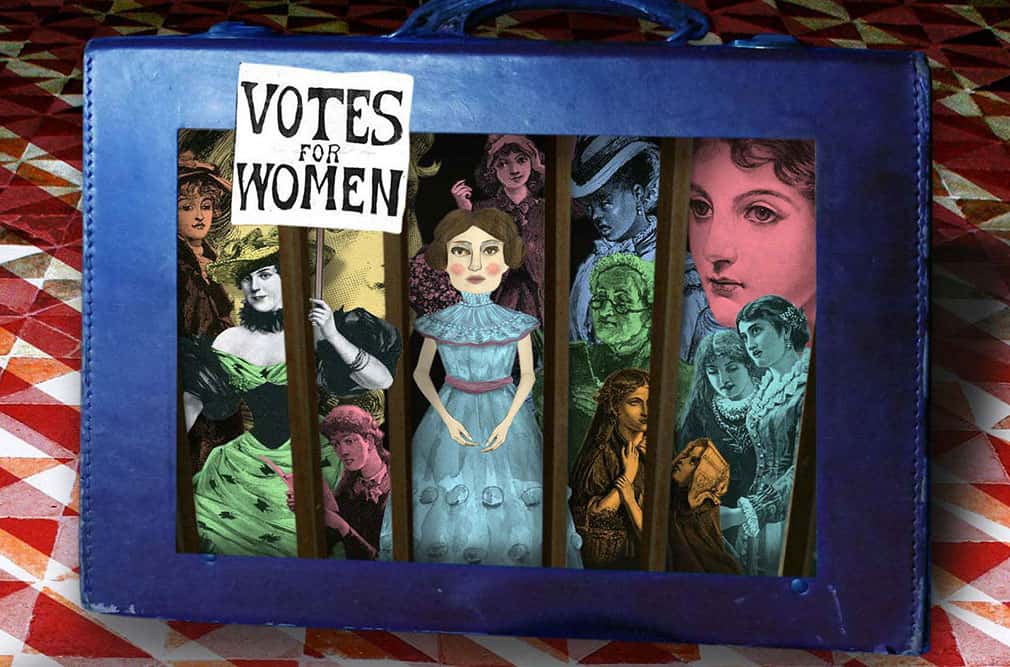 a sign poked out of bars reads 'votes for women'. behind the bars, are collaged images of women taken from historic photographs