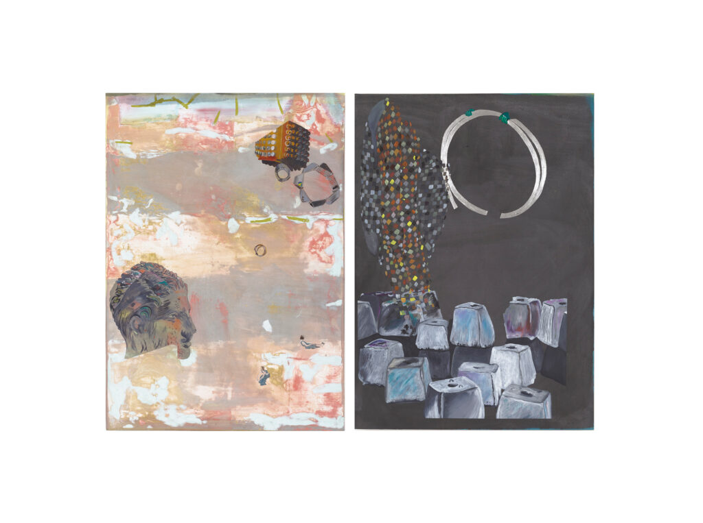 Two abstract paintings side by side: the left features a textured background with a head and floating shapes; the right shows metallic rings, a cluster of dots, and silvery cubes against a dark background.