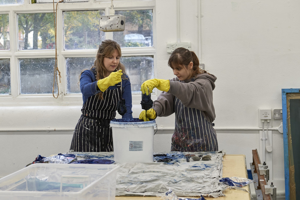 Students using print and dye workshop