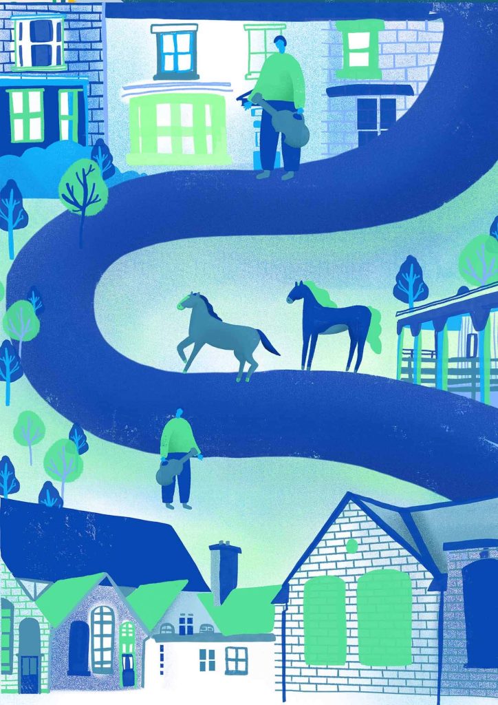 Illustration in bright blue and green showing a path weaving down the image with buildings, people and horses