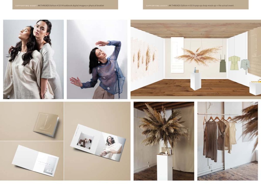 Visualisation of AK Threads lookbook photography, with plans and illustrations of the pop up fashion shop and launch event, by BA Fashion Communication and Promotion student Marta Zaremba