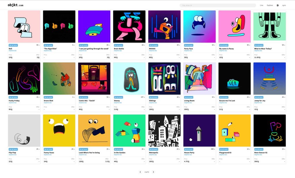 Screenshot of Stephen Ong's website showing very colourful NFT animations