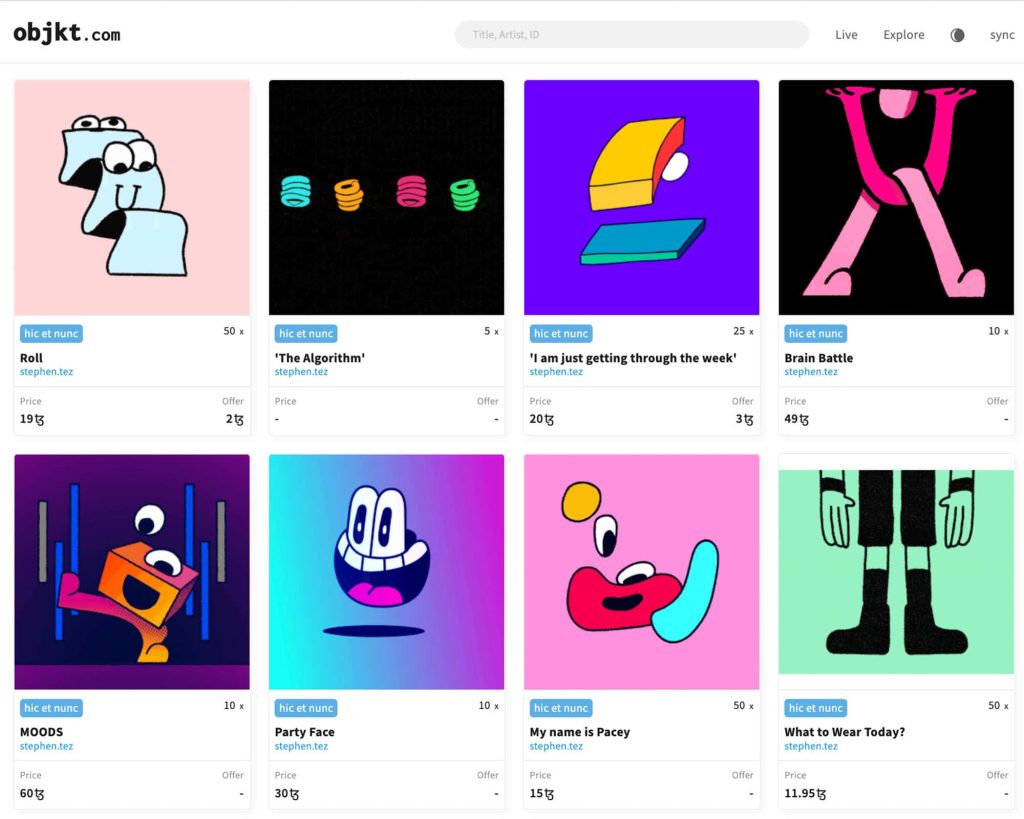 Screenshot of Stephen Ong's website showing 8 colourful NFT animations for sale