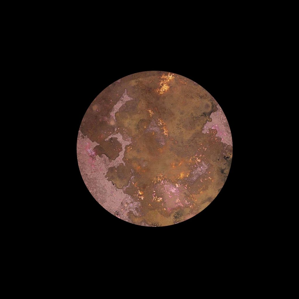 Image of circular metal with microorganisms growing over it on a black background