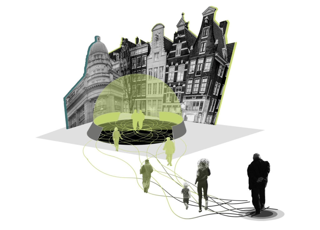 A collage shows people walking toward a glowing green dome in front of black-and-white buildings, with lines connecting them to the dome, symbolizing connection in an urban environment—much like ideas sparked by earning an interior design degree.