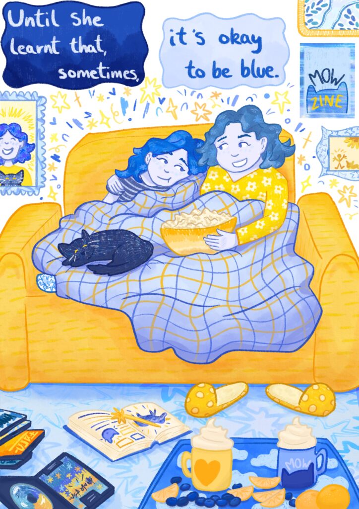 Two people sit on a yellow couch under a blue plaid blanket, smiling while eating popcorn. A black cat sleeps beside them. The room is cozy, with framed pictures, books, and cups. Text reads: "Until she learnt that sometimes it’s okay to be blue.