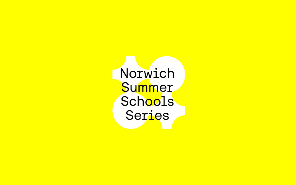 Bright yellow background featuring bold black text in the center, reading "Norwich Summer Schools Series" over a white abstract shape.