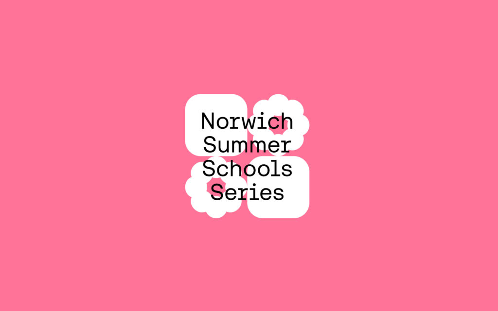 A pink background with the text "Norwich Summer Schools Series" overlaid on white cloud-like shapes.
