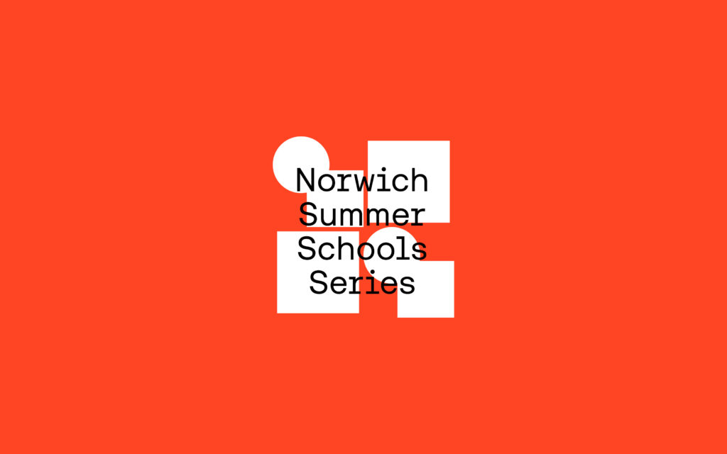 Red background with white geometric shapes forming a symmetrical pattern. Black text overlaid reads "Norwich Summer Schools Series.