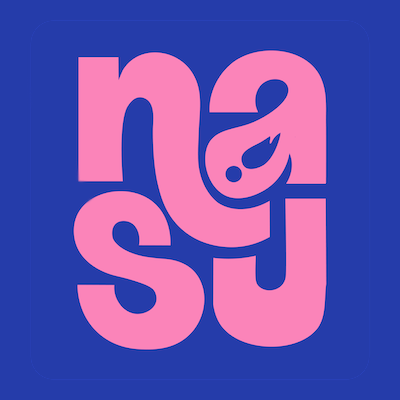 Bold, pink letters spelling "NASU" on a blue background, with the letter "S" stylized as a curling eggplant featuring a stem and leaf detail to resemble the vegetable.