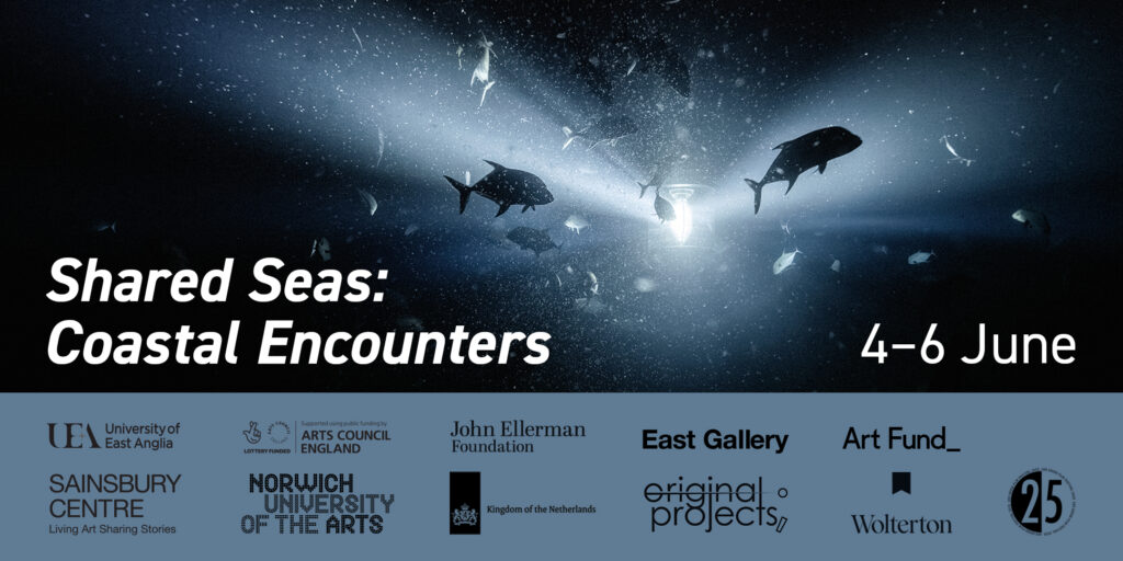 Silhouettes of fish swimming in sunlit ocean water with text: "Shared Seas: Coastal Encounters, 4–6 June" and sponsor logos at the bottom.