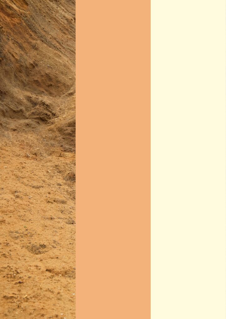 A textured, rocky brown surface on the left, with two vertical color blocks beside it: a central peachy orange strip and a pale cream strip on the right.
