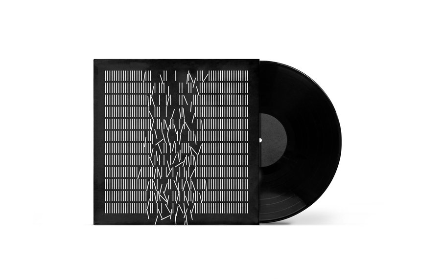 A black vinyl record partially slides out of its sleeve, which features a black cover with white vertical lines and jagged, branching patterns in the center. The background is plain white.
