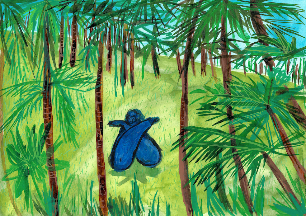 A blue figure sits on grass with arms crossed over their knees amid tall green trees and lush foliage, suggesting a feeling of solitude or contemplation in a vibrant forest setting—an evocative scene perfect for an exhibition.