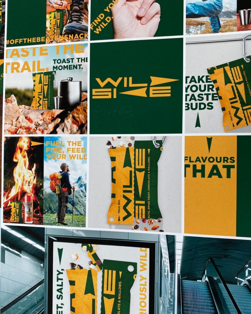 A collage of outdoor adventure and snack-themed images, featuring bold green and yellow packaging, people hiking, close-ups of snacks, and phrases like “TASTE THE TRAIL” and “WILD SIDE” in striking typography.