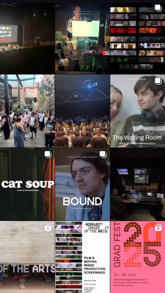 A collage of 12 images shows people at film screenings, students in auditoriums, film titles like "The Waiting Room," "Cat Soup," "Bound," and posters for a film and arts graduation festival.