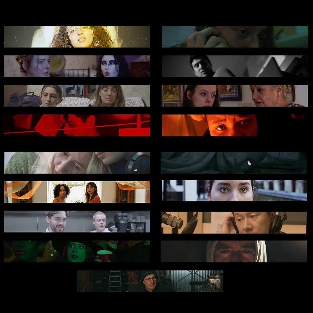 A collage of film stills arranged in rows, showing diverse people in various emotional states, including close-ups of faces, conversations, and dramatic lighting in different cinematic scenes.