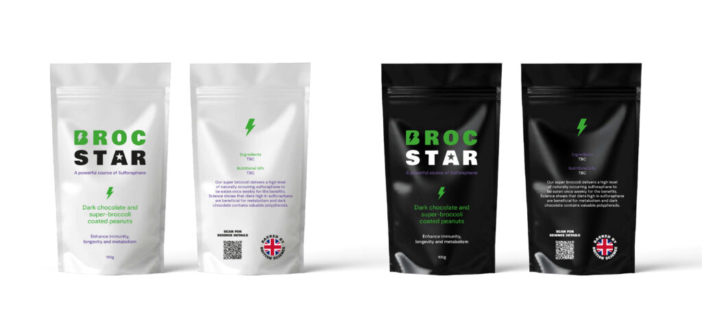 Four stand-up pouches of Broc Star dark chocolate broccoli-coated peanuts, two in white packaging and two in black packaging, each featuring a green lightning bolt and UK flag symbol on the bottom right.