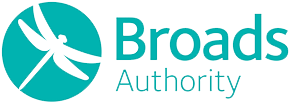 Broads Authority logo featuring a teal dragonfly within a yellow circle, with the words "Broads Authority" in teal text on a yellow background, reflecting its commitment to wetlands and paludiculture.