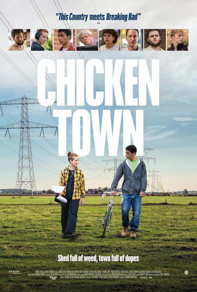 A movie poster for “Chicken Town” shows a young boy and a man walking with a bicycle in a grassy field with power lines. Faces of other characters are displayed across the top, and tagline text appears above and below the title.