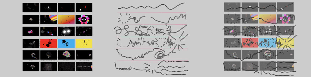 Three panels with grids of abstract digital artworks; each grid includes colorful shapes and patterns on dark backgrounds, overlaid with wavy hand-drawn black lines, scribbles, and some highlighted sections.