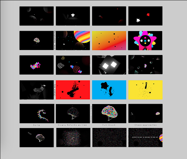 A grid of 24 rectangular panels displays abstract, colorful digital art on black backgrounds, featuring shapes like spheres, cubes, splashes, and patterns, with some text in and below a few panels.