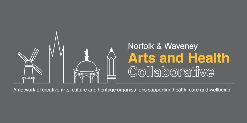 White line drawings of a windmill, spire, domed building, and pencil on a grey background. Text reads: “Norfolk & Waveney Arts and Health Collaborative”—supporting health, care, and wellbeing through creative arts and health initiatives.