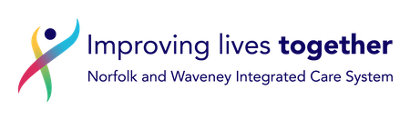 Logo with a colorful abstract person and the text "Improving lives together. Norfolk and Waveney Integrated Care System," highlighting the connection between creative arts and health.