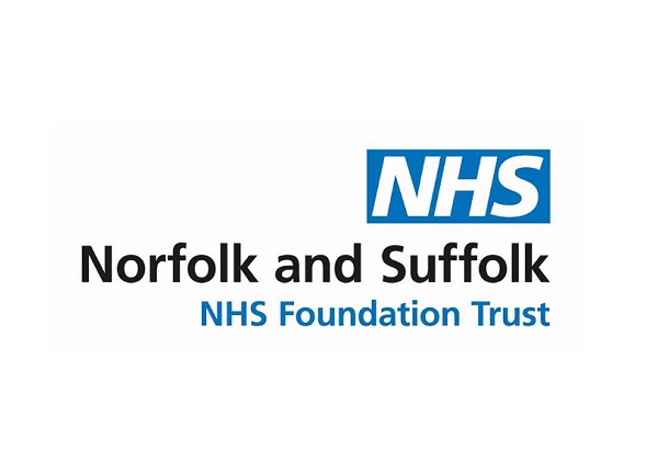 NHS logo above the words "Norfolk and Suffolk NHS Foundation Trust" in black and blue text on a white background, reflecting a commitment to creative health.
