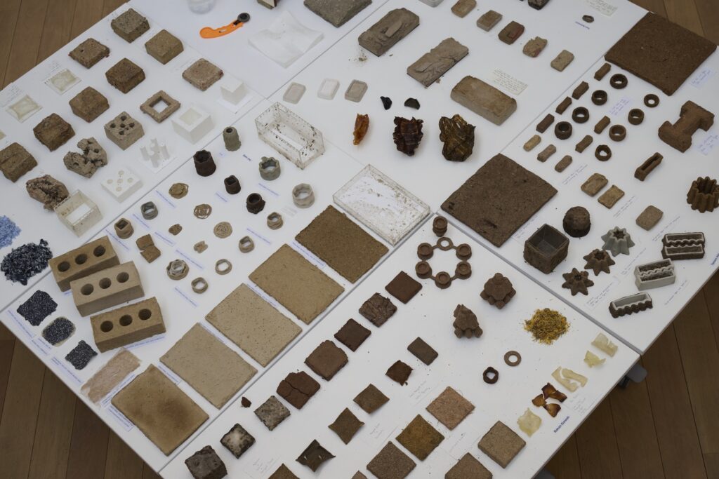 A display of various natural and man-made material samples, including paludiculture-derived products, as well as different shapes and colors of tiles, bricks, powders, blocks, and geometric forms, arranged neatly on white tables.