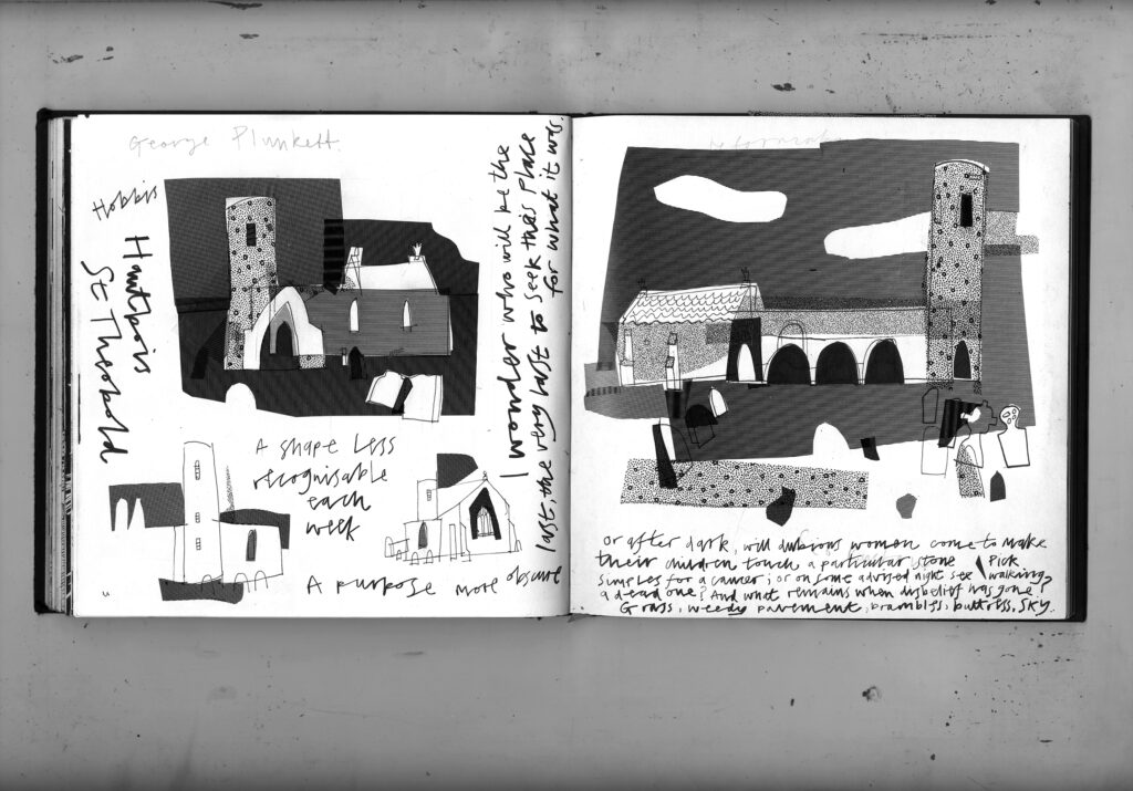 A black and white sketchbook spread featuring ink drawings of old stone buildings and towers. Handwritten notes and phrases are scattered around the sketches, blending text and art in a creative, layered composition.