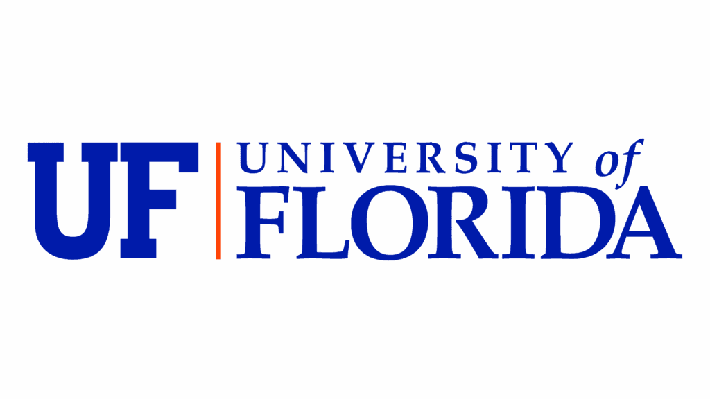 The image shows the University of Florida logo with large blue letters "UF" next to a vertical orange line and the words "University of Florida," resembling the bold designs often seen in campus murals, all set on a solid blue background.
