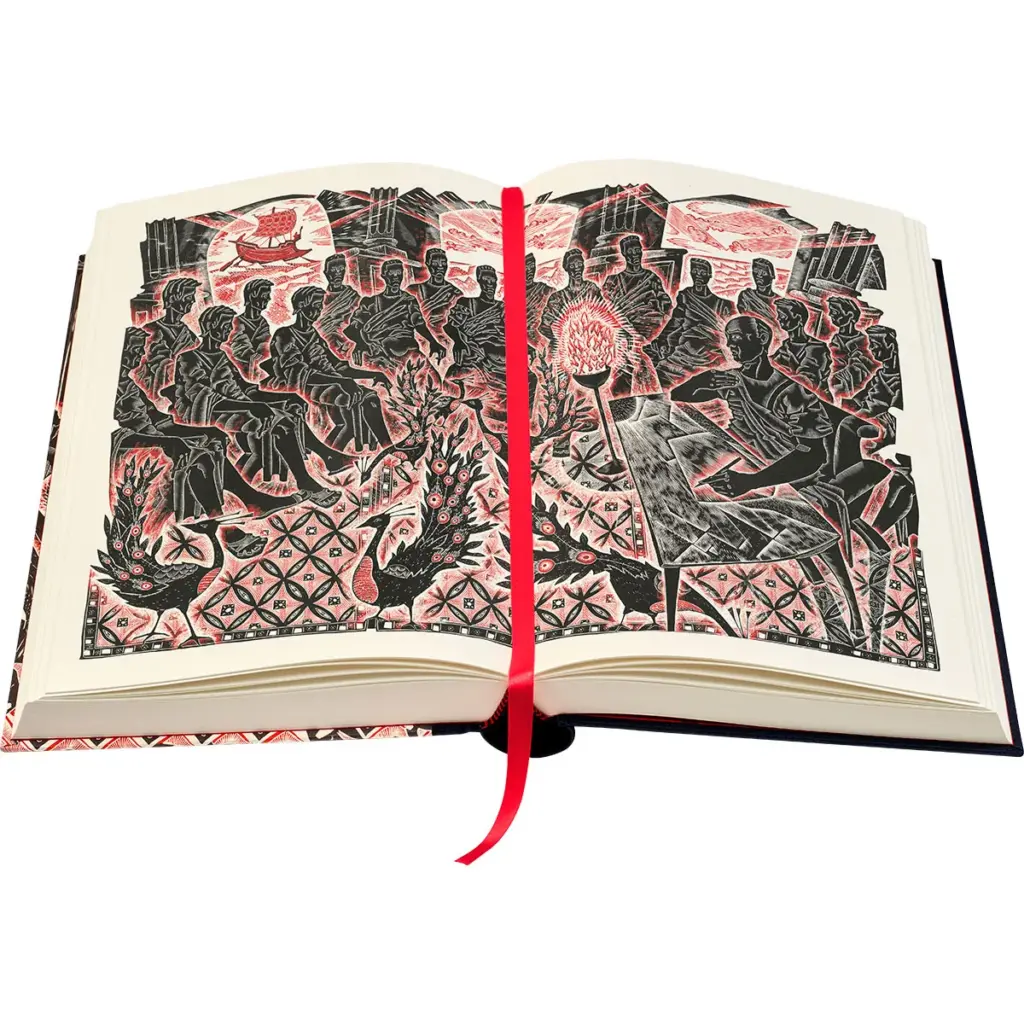 An open book displays an intricate illustration of people gathered around a fire, with detailed patterns and a red ribbon bookmark lying across the pages.