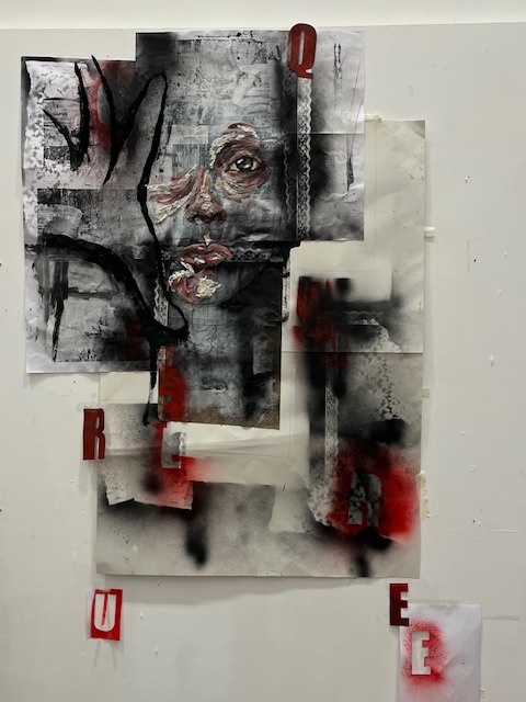 A mixed-media collage featuring fragmented sketches of a face, abstract dark brushstrokes, and printed textures. Red letters "Q," "R," "E," "U," and "E" are scattered throughout the piece on a white wall.