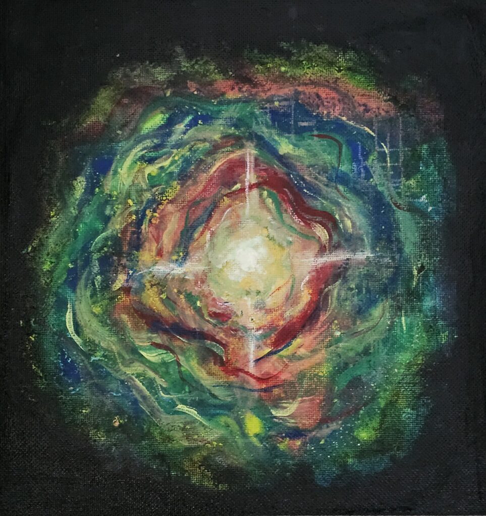 Abstract painting of a glowing white center surrounded by swirling layers of red, green, blue, and yellow, with a cross-shaped burst of light, set against a dark background.