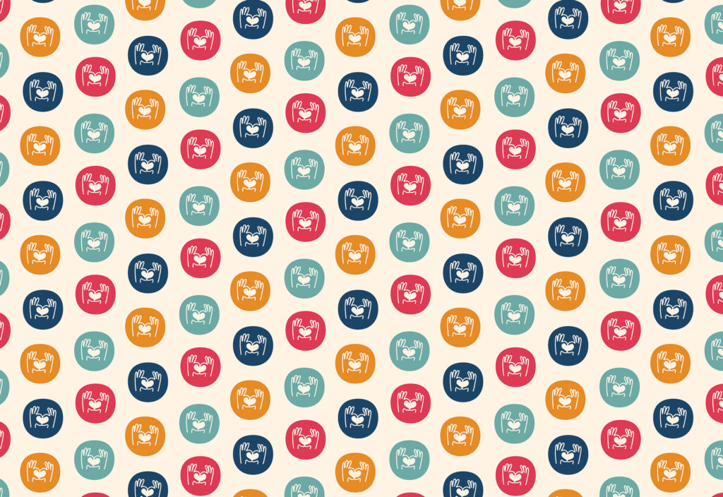 A repeating pattern of circles in teal, orange, red, and blue, each containing a white outline of a crab on a light beige background.