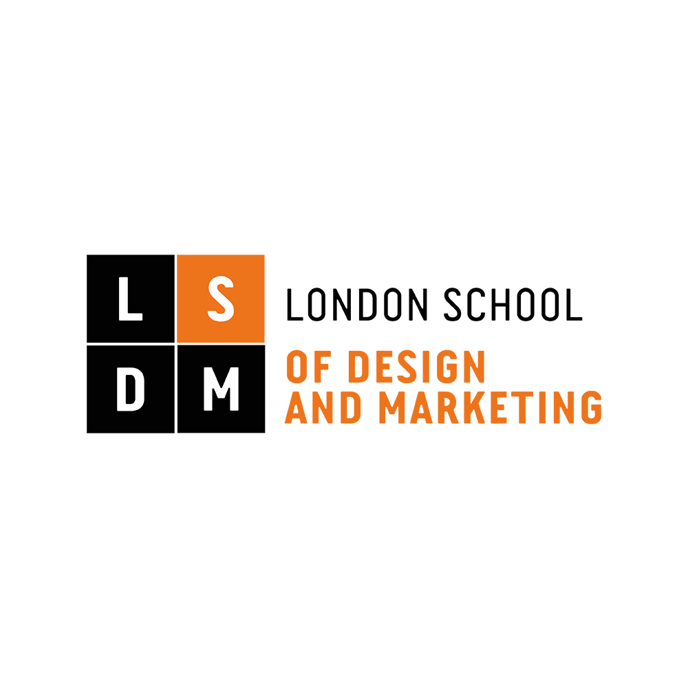 Logo for the London School of Design and Marketing. Black and orange squares with the letters L, S, D, M on the left, and the school name in black and orange text on the right.