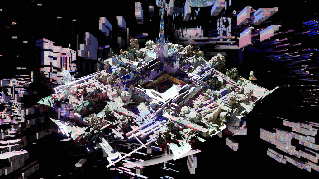 A futuristic, abstract scene with a floating, glitchy square platform featuring geometric shapes, digital distortion, and fragmented, colorful blocks against a dark background. The platform appears pixelated and chaotic.