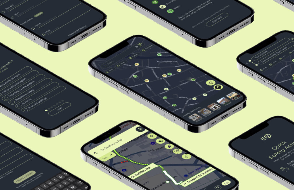 Multiple smartphones display various screens of a transportation or navigation app, featuring maps, routes, forms, and instructions, all with a dark theme and neon green accents, arranged diagonally on a light yellow background.