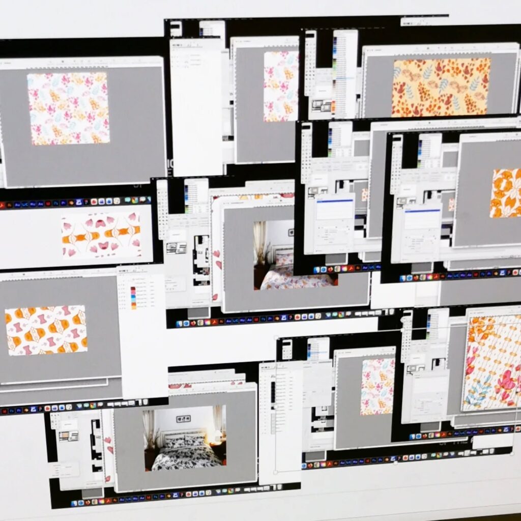 A computer screen displays multiple overlapping windows showing floral patterns and photos of beds with patterned bedding, creating a layered, cluttered effect.
