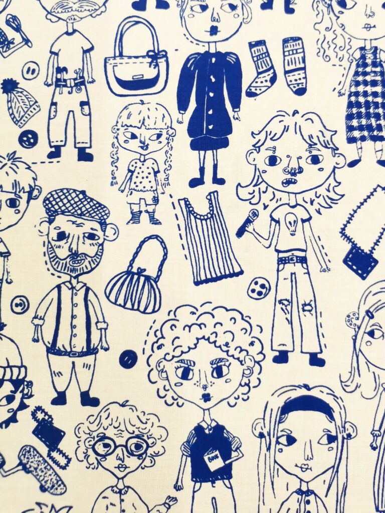 Blue and white illustration featuring quirky, hand-drawn people with different hairstyles, outfits, and accessories, as well as various objects like bags, socks, and clothing, all arranged in a playful, whimsical pattern.