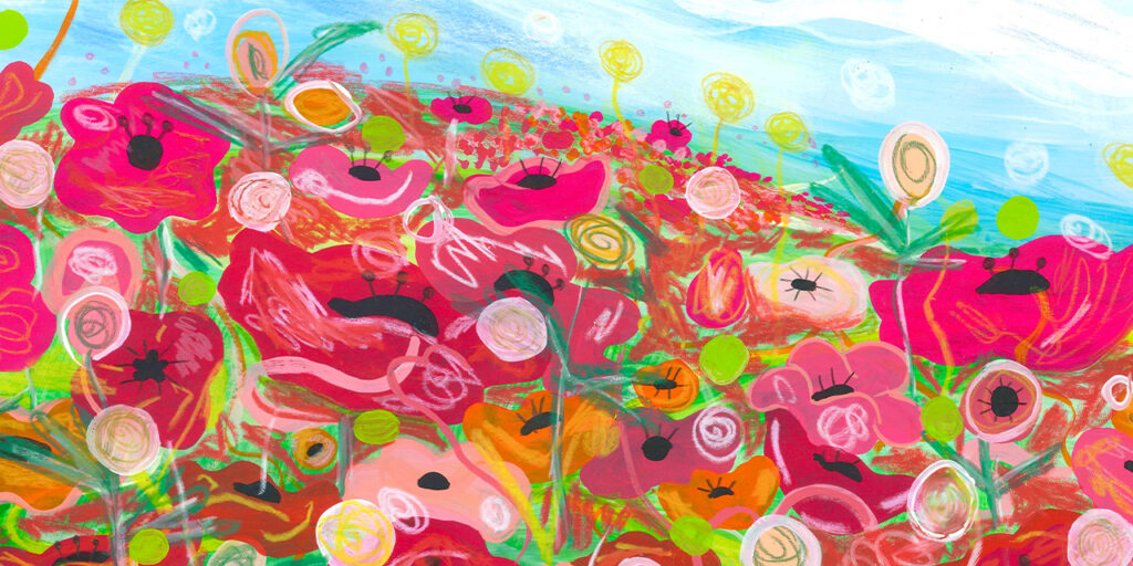 A vibrant, whimsical illustration of a field filled with bold red, pink, and orange flowers with dark centers, set against a bright blue sky. Swirls and green stems add energy and movement to the colorful scene.