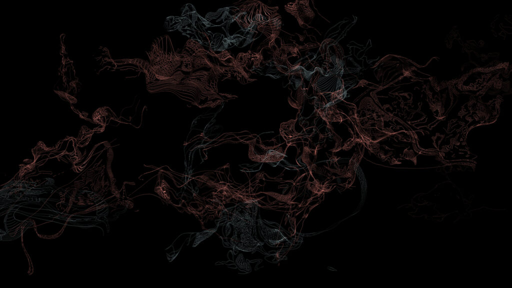 Abstract digital art featuring intricate, wispy red and blue lines swirling and overlapping on a solid black background, creating a sense of motion and organic flow.