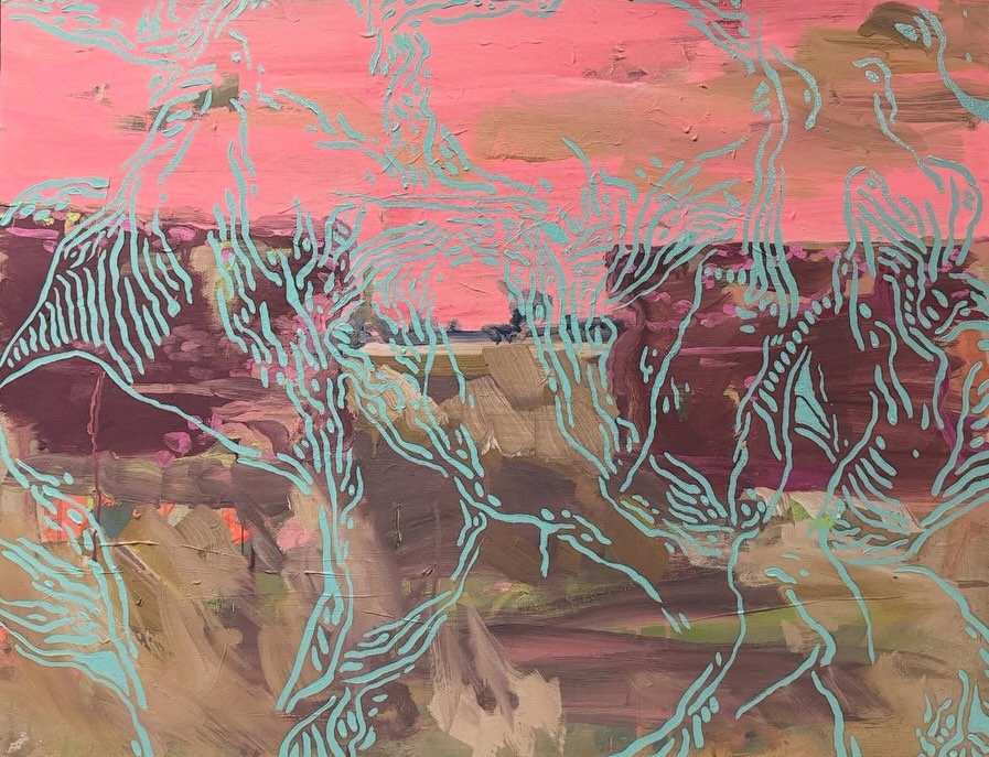 Abstract painting with a pink and brown background resembling a sunset landscape, overlaid with turquoise, wavy, organic lines creating a sense of movement and texture across the scene.
