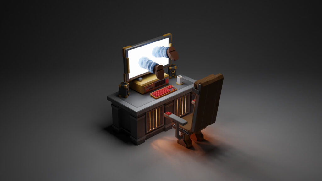 A stylized 3D illustration of a desk with a computer and chair. Robotic arms extend from the monitor, reaching toward the keyboard—evoking an Online Open Day set dramatically against a dark background.